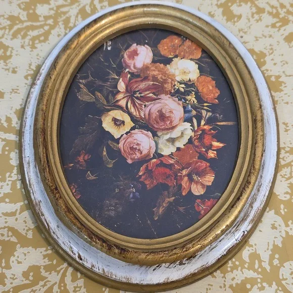 Vintage Norleans oval framed floral prints Italy Set of 3 gold & white